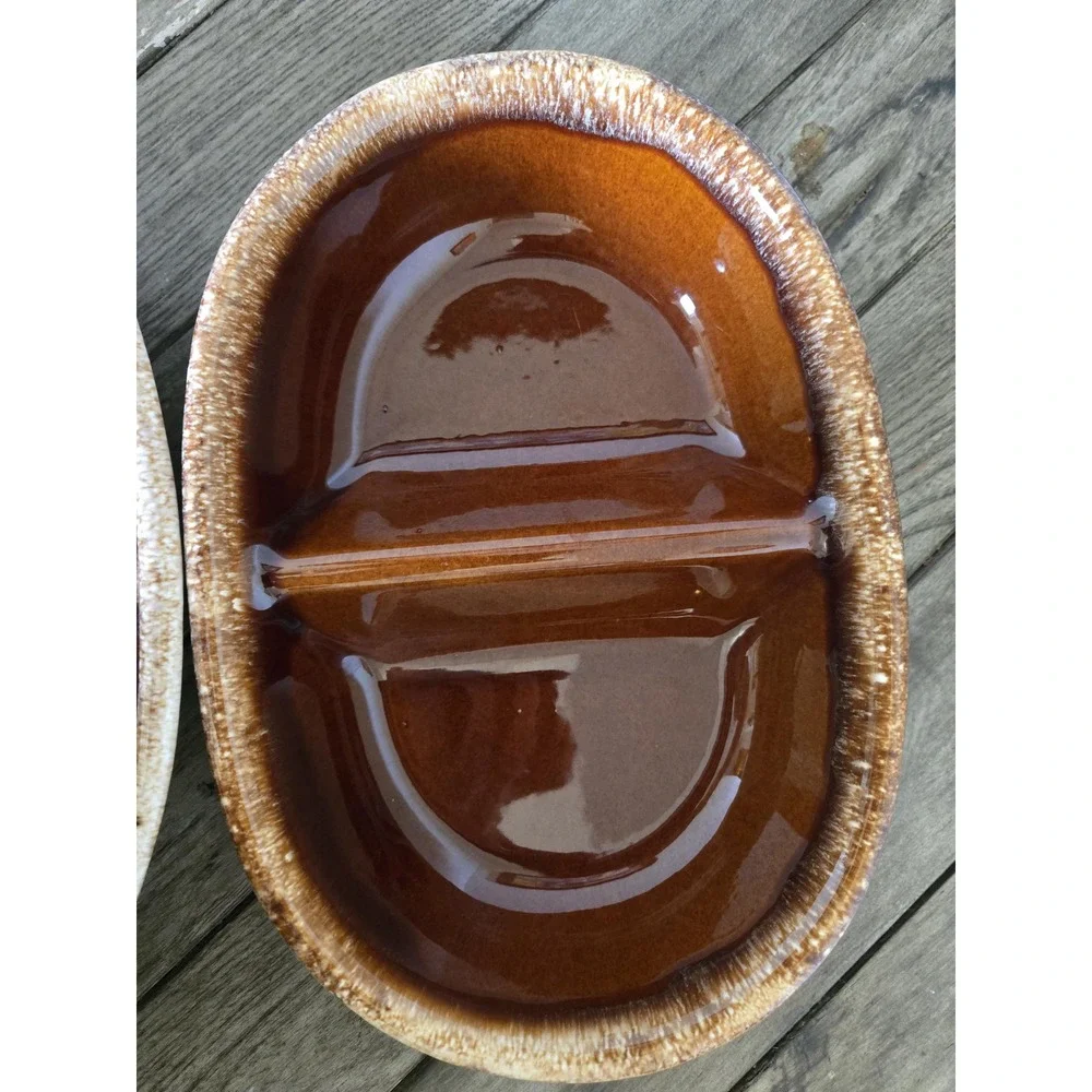 Set Of 2 Divided Oval Serving Dish Hull Oven Proof HP Co. Brown Drip Glaze 11